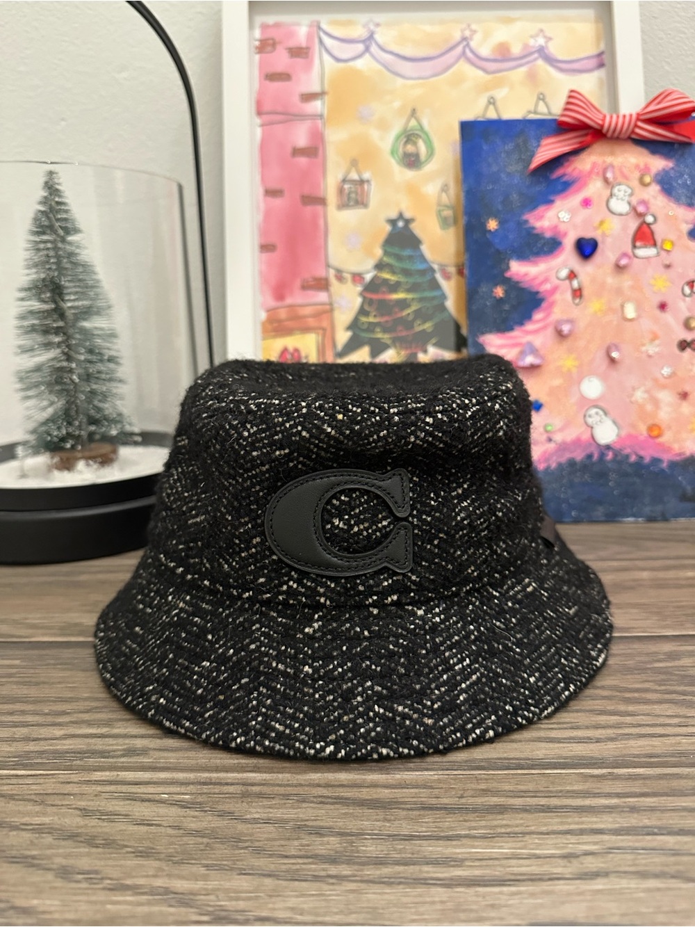 NWT Coach Herringbone Wool Blend Bucket Hat in Black Multi C4671
